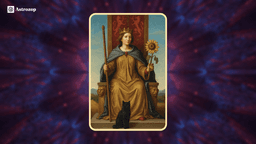 Queen of Wands tarot card image showing a confident queen seated on her throne