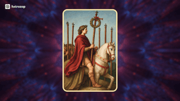 Six of Wands tarot card showing a figure riding a horse while holding a wand 