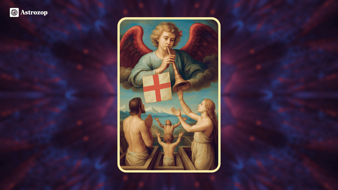 Judgement tarot card showing an angel blowing a trumpet from the sky