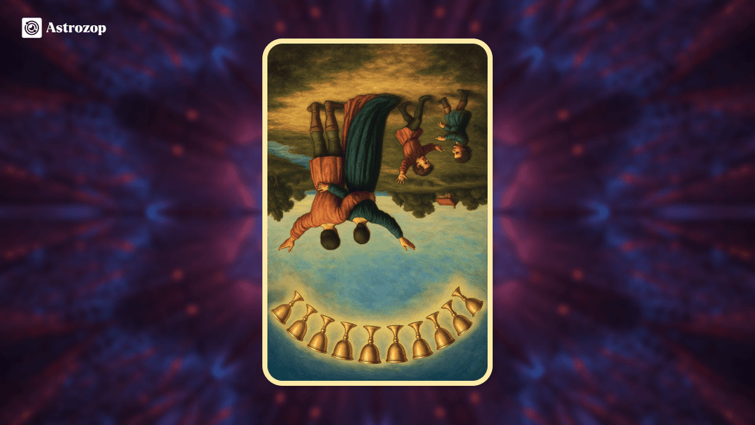 Reversed Ten of Cups tarot card with an upside-down rainbow and family scene
