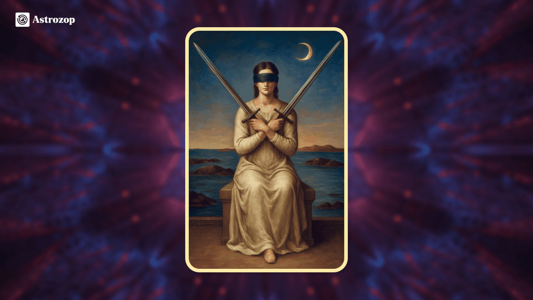 Two of Swords tarot card showing a blindfolded figure holding two crossed swords